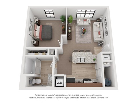 Floor plan for 1 bed, 1 bath, 658 sqft